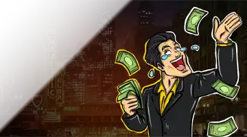 A cheerful character in a business suit throwing money against a night city backdrop, representing the welcome bonus at Vovan Casino.