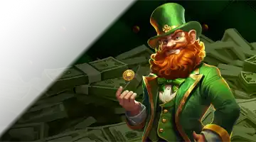 A leprechaun with a red beard and green hat holding a coin against a background of cash piles, representing the cashback bonus at Vovan Casino.