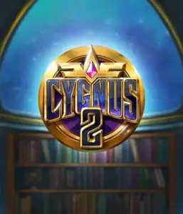 Experience the captivating artwork of ELK Studios' Cygnus 2 Slot, featuring a luxurious golden emblem with a shining purple and gold design. Set against a mystical background of a library, this image captures the spirit of mystical exploration. 